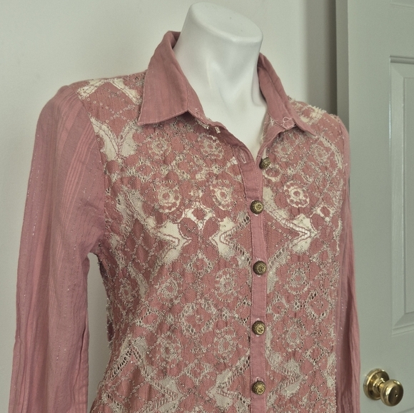 Aratta Silent Journey String of Pearls Lace Semi Sheer Button Down Blouse(M)NWT - Picture 5 of 10